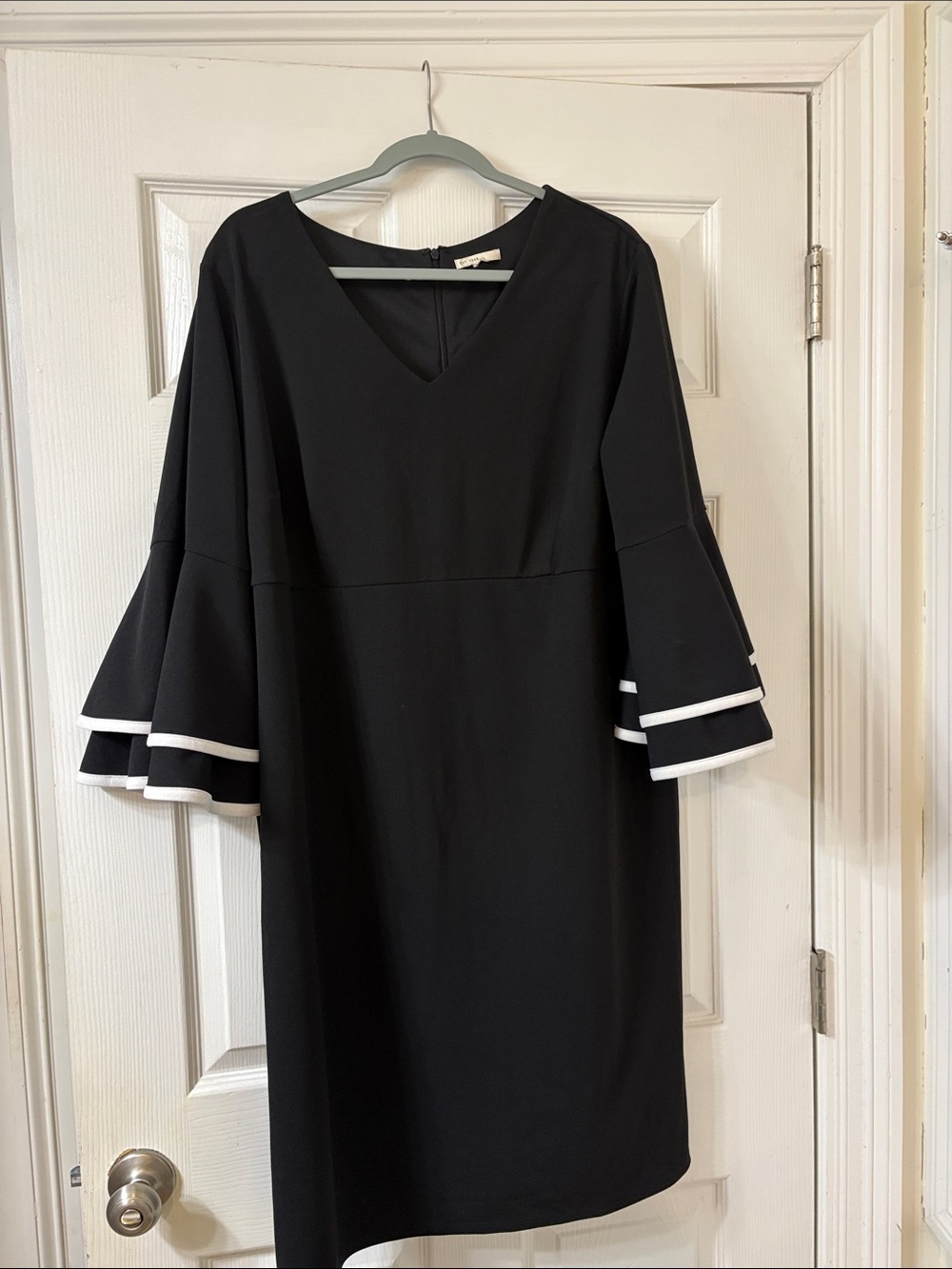 Cato Black V-Neck Dress with White-Trim Bell Sleeves